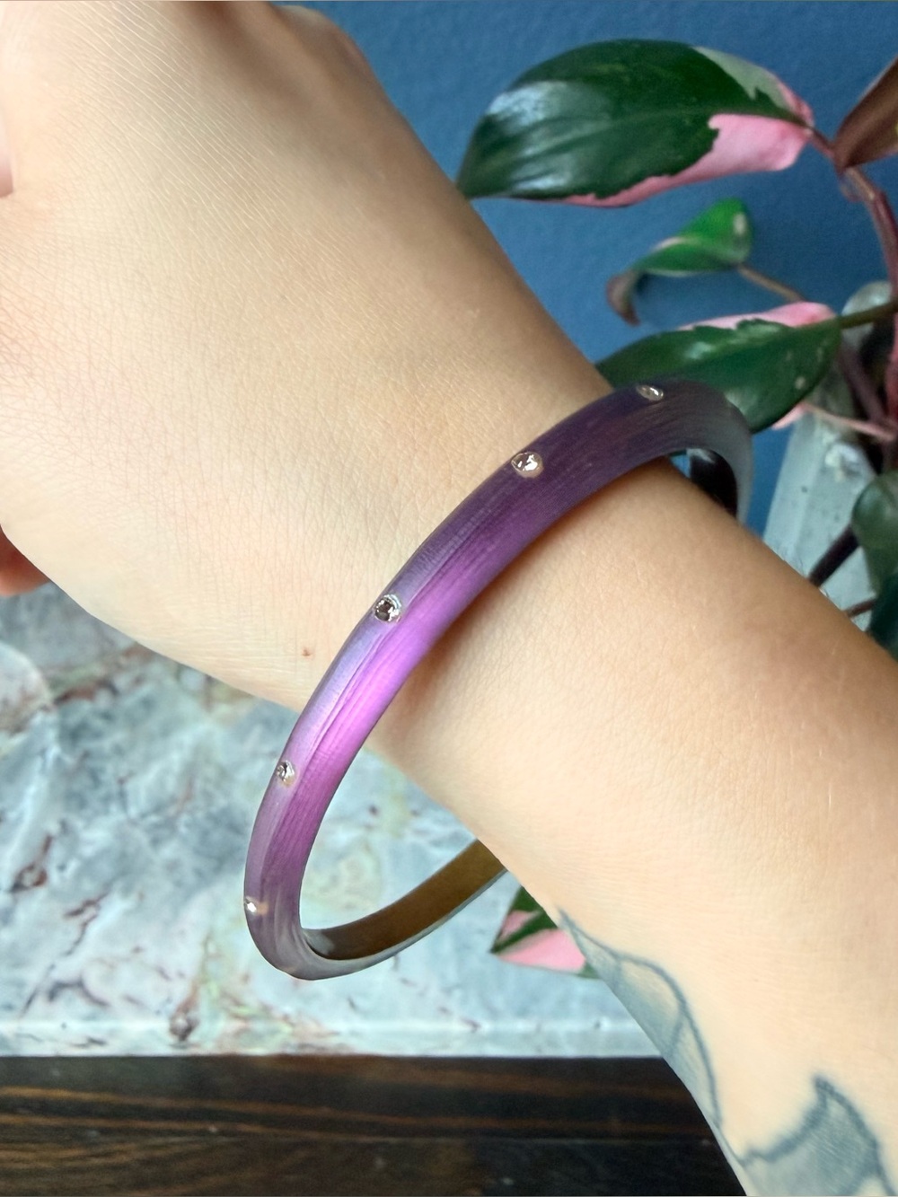 Alexis Bittar purple tapered lucite bangle with crystals